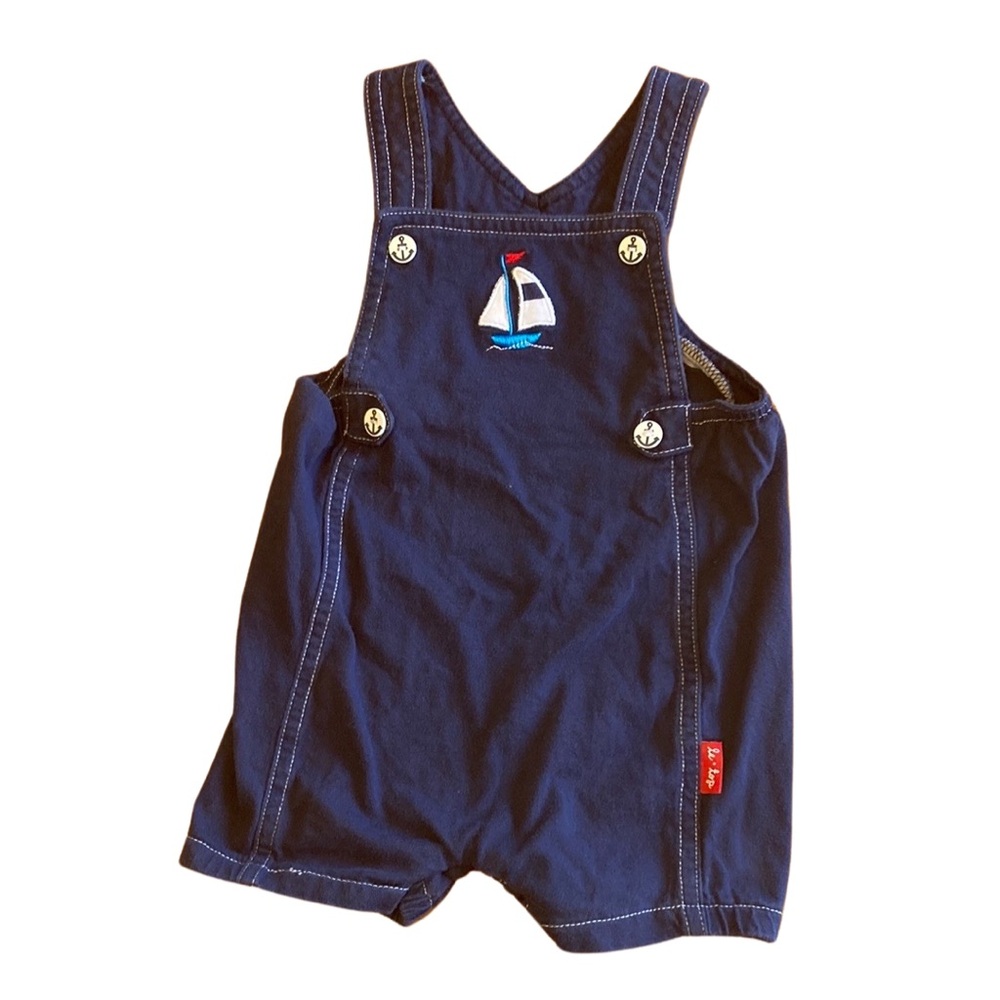 Le Top Baby Boy Size 18 Month Blue Knit Shortalls Sailboat Applique 100% Cotton